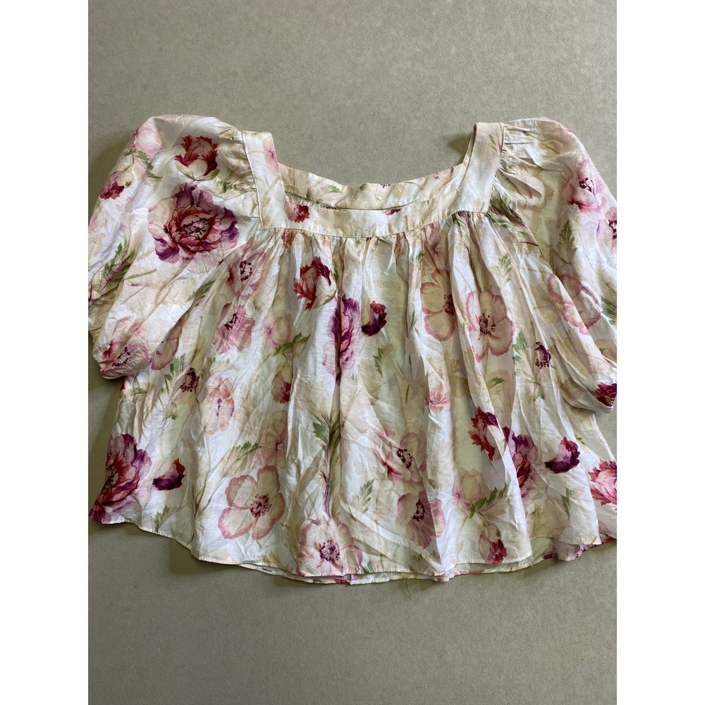HM Womens XL Floral Square Neck Puff Sleeve Blouse Pink Purple Boho Top